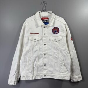 Pepsi Jacket Mens Large White Denim Wild Cherry & Cream Graphic Varsity Retro
